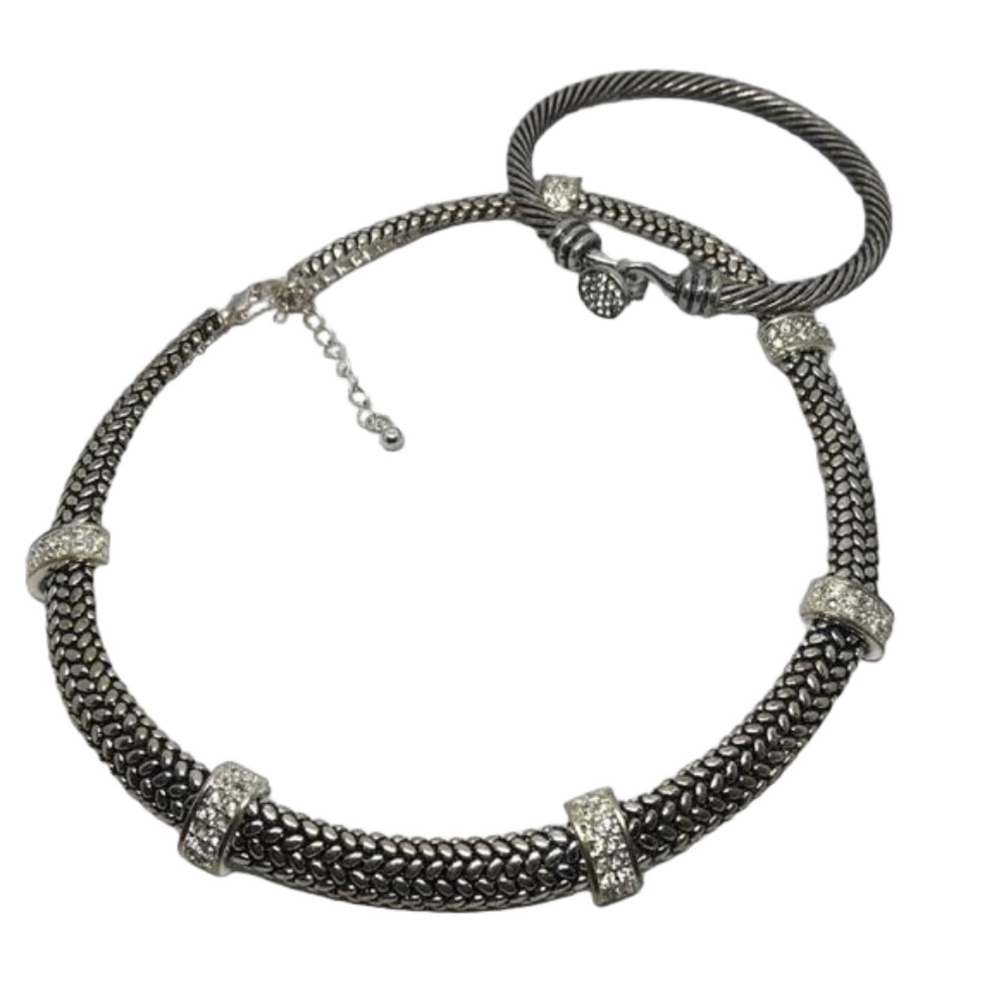 Curated Bundle Antique Silver Tone Jewelry Set Necklace Bracelet